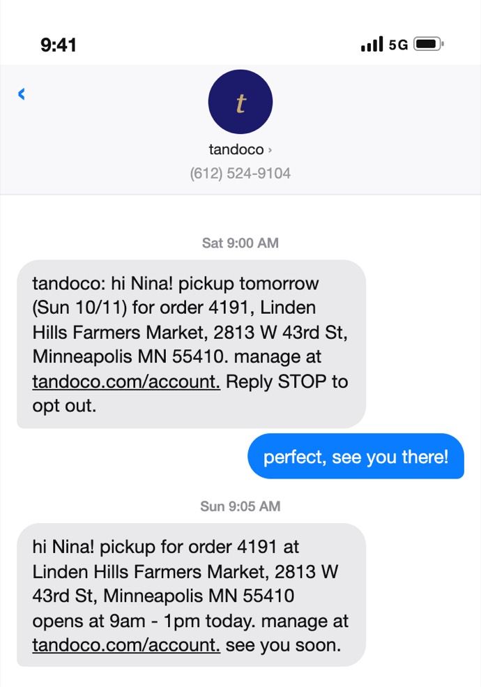 A Tandoco text: pickup tomorrow for order 4191, with the address and a link to manage it