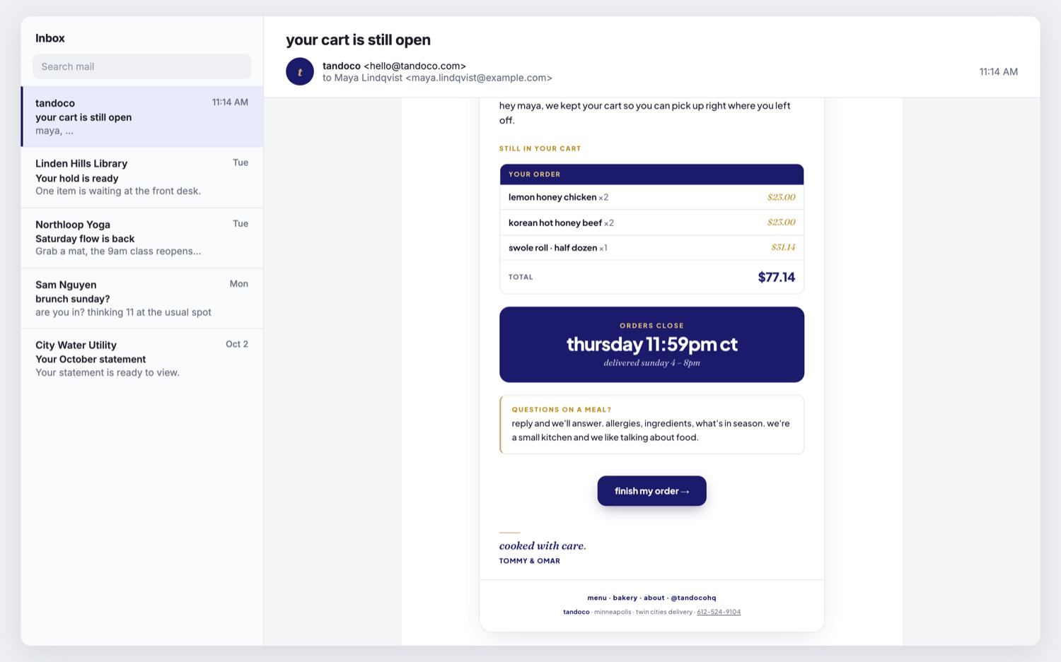 A Tandoco email reminding a customer their order is still open, with the order and a button to finish it