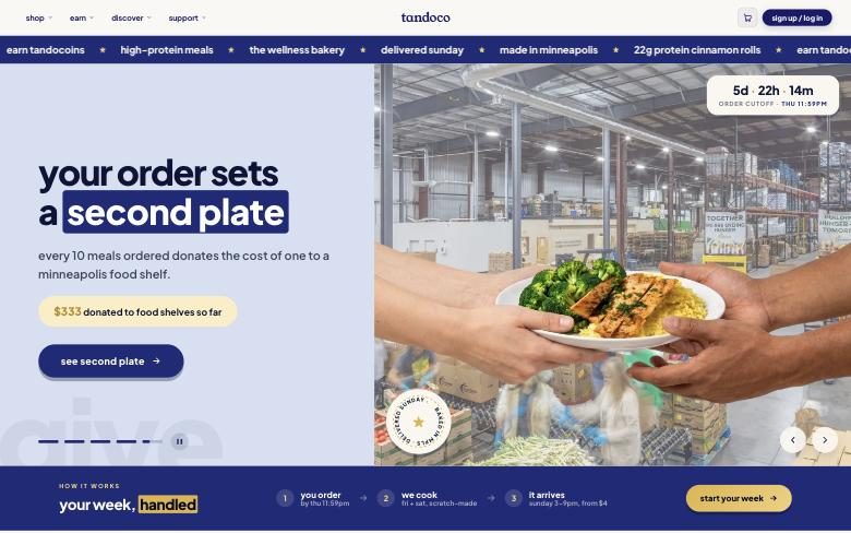 Tandoco home page: a headline, a countdown to the weekly order cutoff and a how-it-works strip