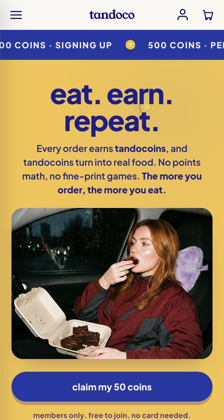 Tandoco rewards page on a phone: eat, earn, repeat. Every order earns tandocoins, and tandocoins turn into real food