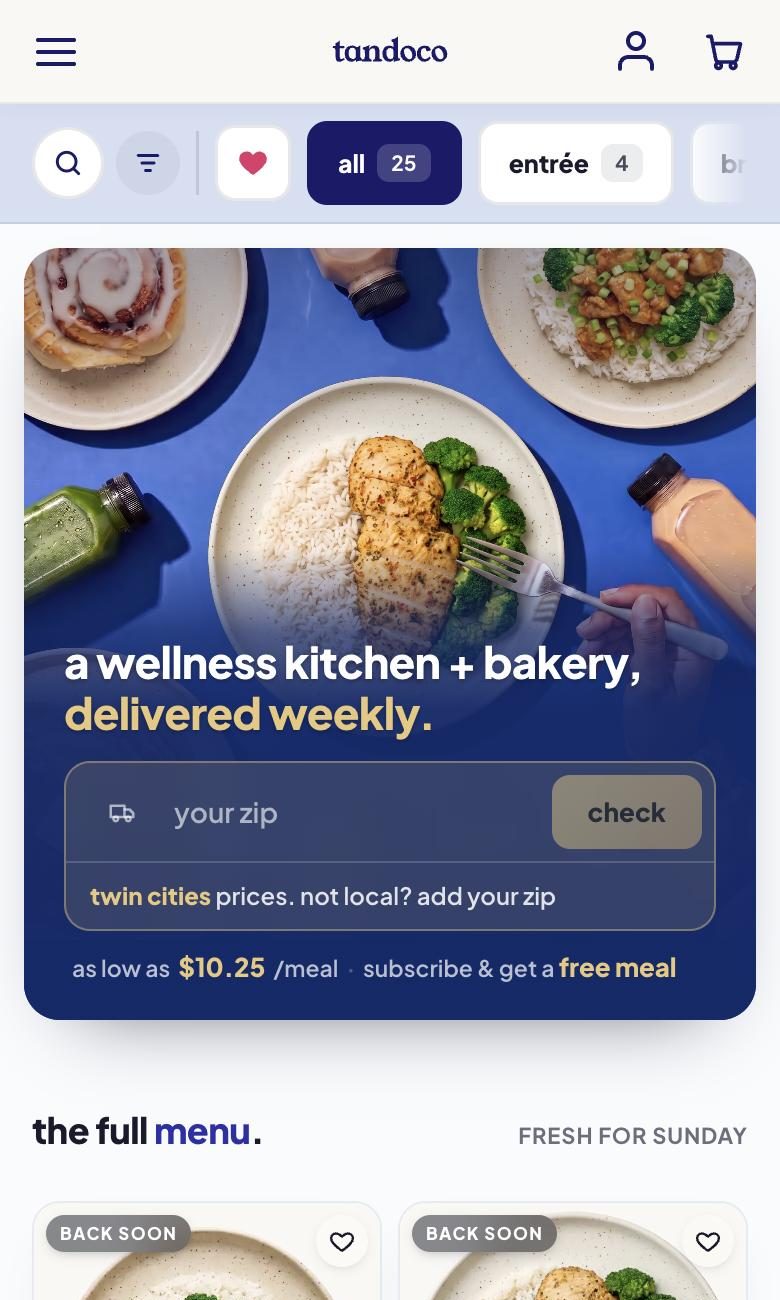 Tandoco store on a phone: a zip-code check for delivery, the weekly price and the menu